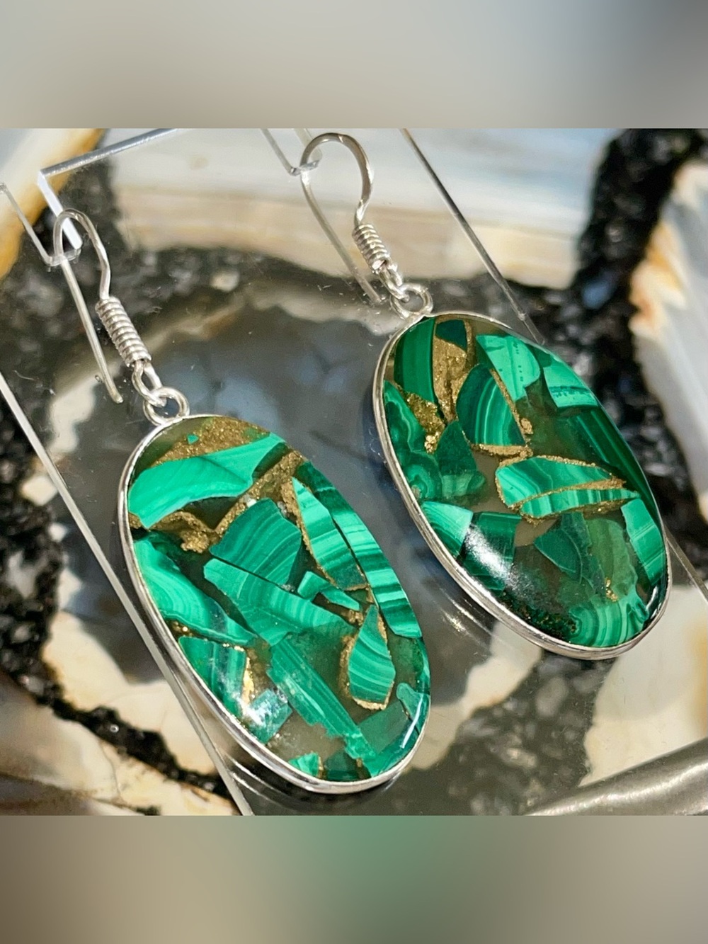 Brecciated Malachite in Copper Earrings 2”